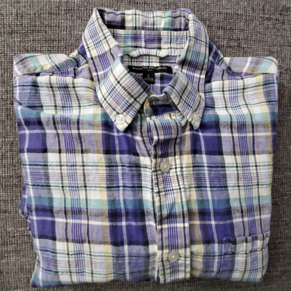 Banana Republic Men's  Linen Cotton Blue Green‎ Yellow Plaid Casual Shirt Size L